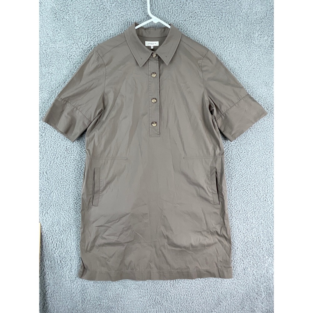 Lafayette 148 NY Shirt Dress Women's M Taupe Cotton Blend Short Sleeve Popover
